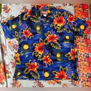 RJC Men's Hawaiian Shirt Blue Short Sleeve Button-Up Tropical Floral XL USA